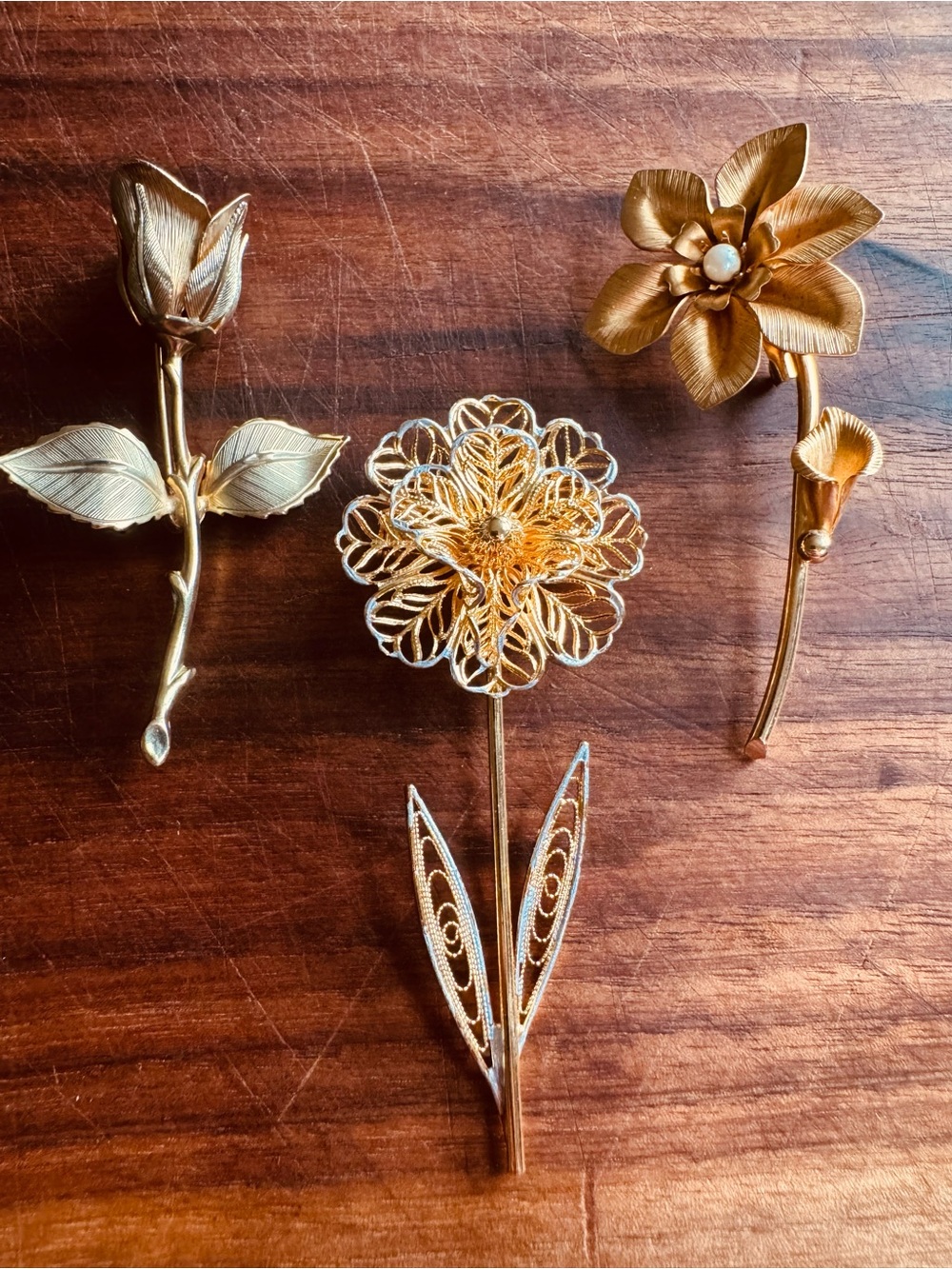 Vintage Set of 3 Gold Tone Floral Brooches